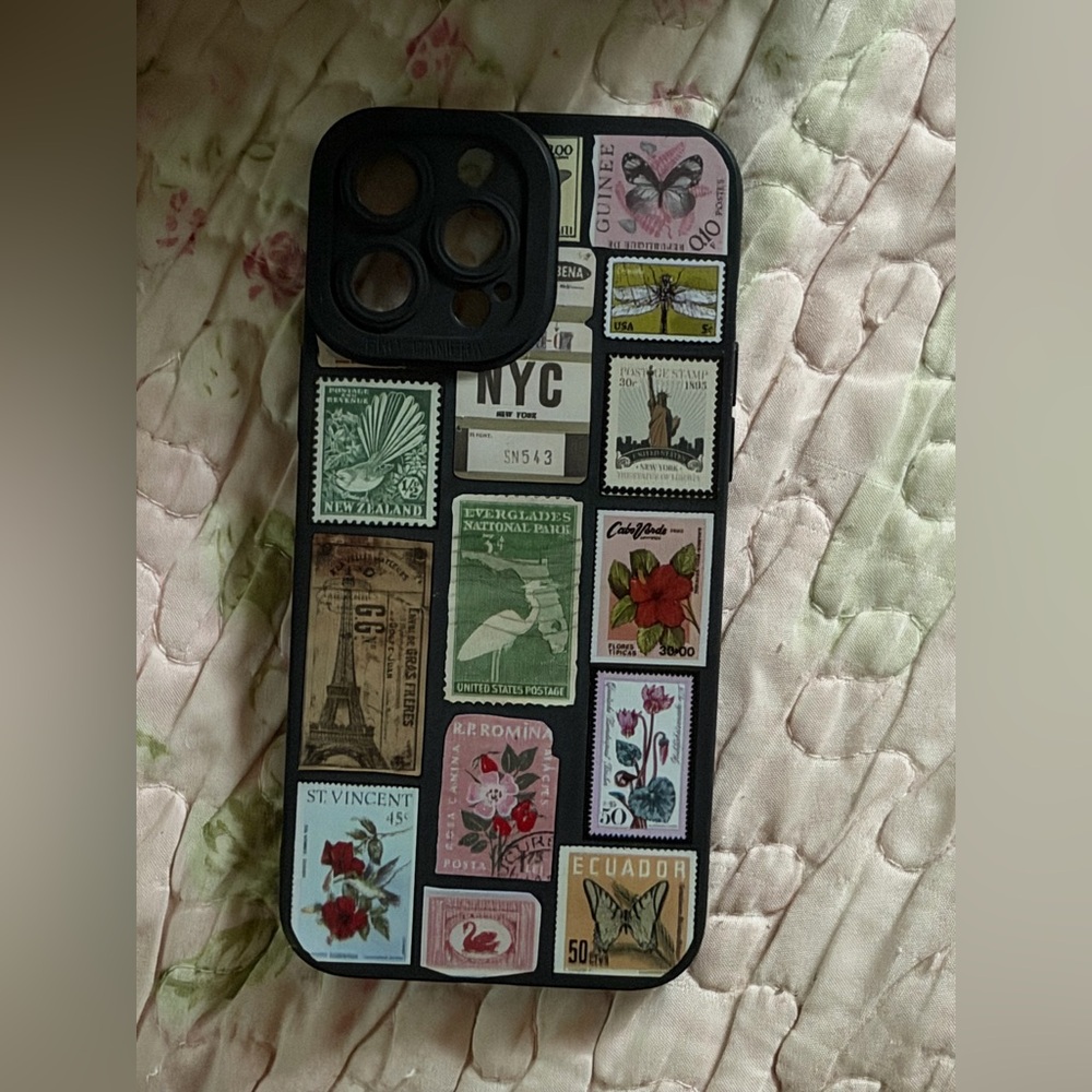 Decorative Black Phone Case with Vintage Stamp Design